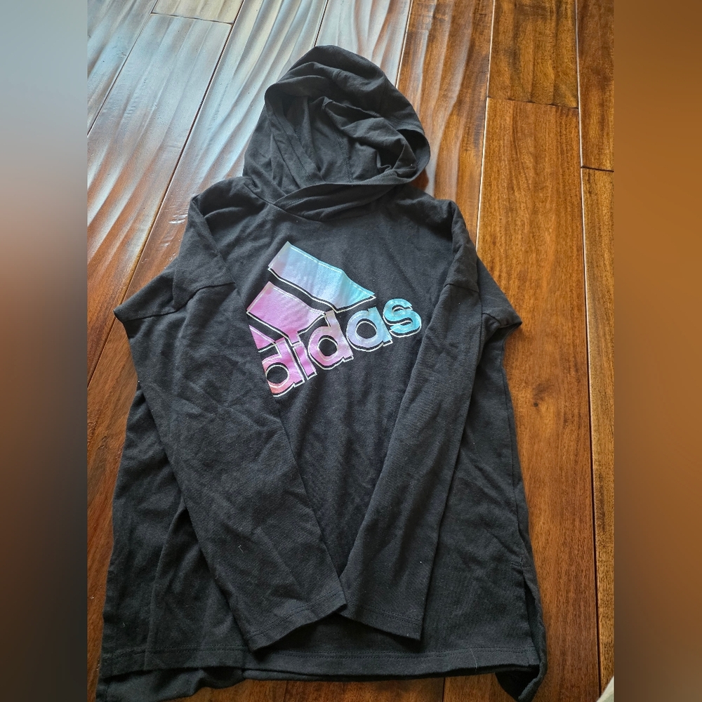 Adidas Girls Pullover Hoodie Long T-Shirt Black Multicolor Logo Small (7/8) EUC